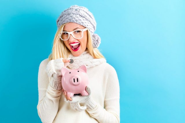 Young woman with a piggy bank Category of Assets